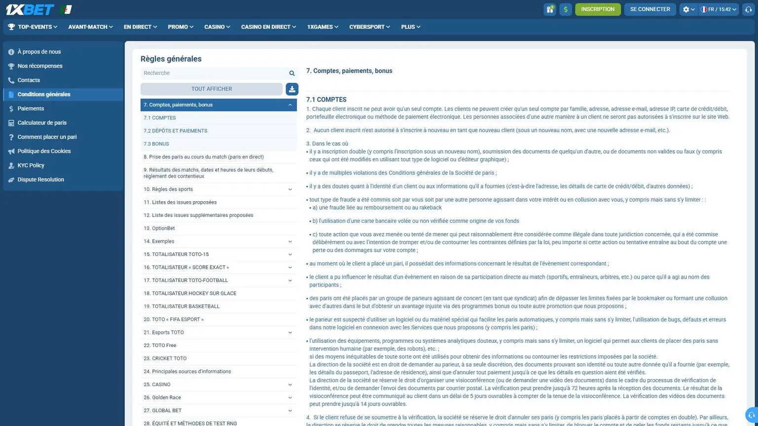 Page des règles Comptes, paiements, bonus sur 1xBet