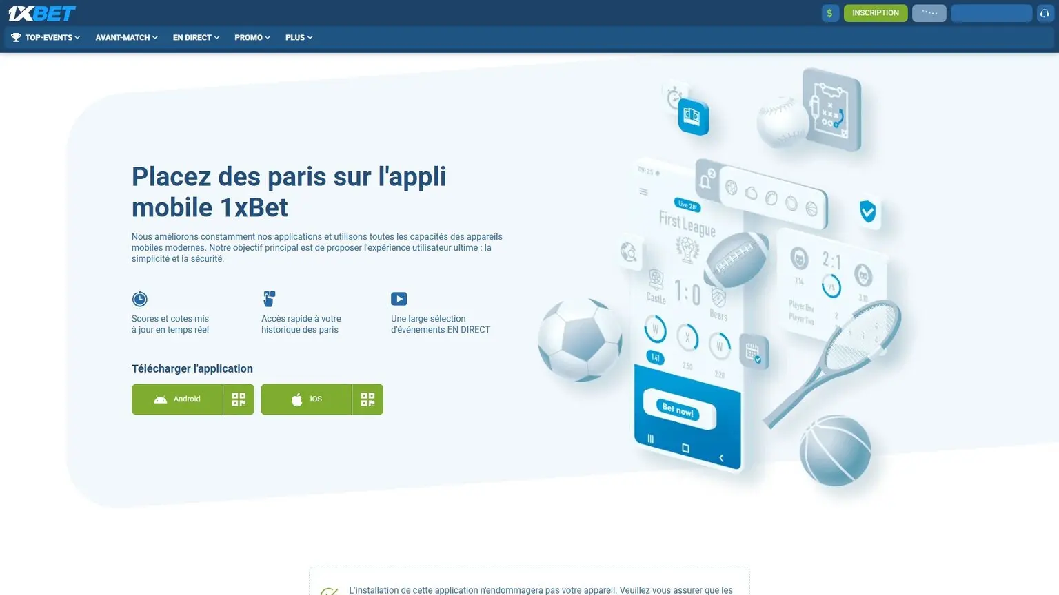 page Application mobile de 1xBet Algérie avec les boutons Android et iOS