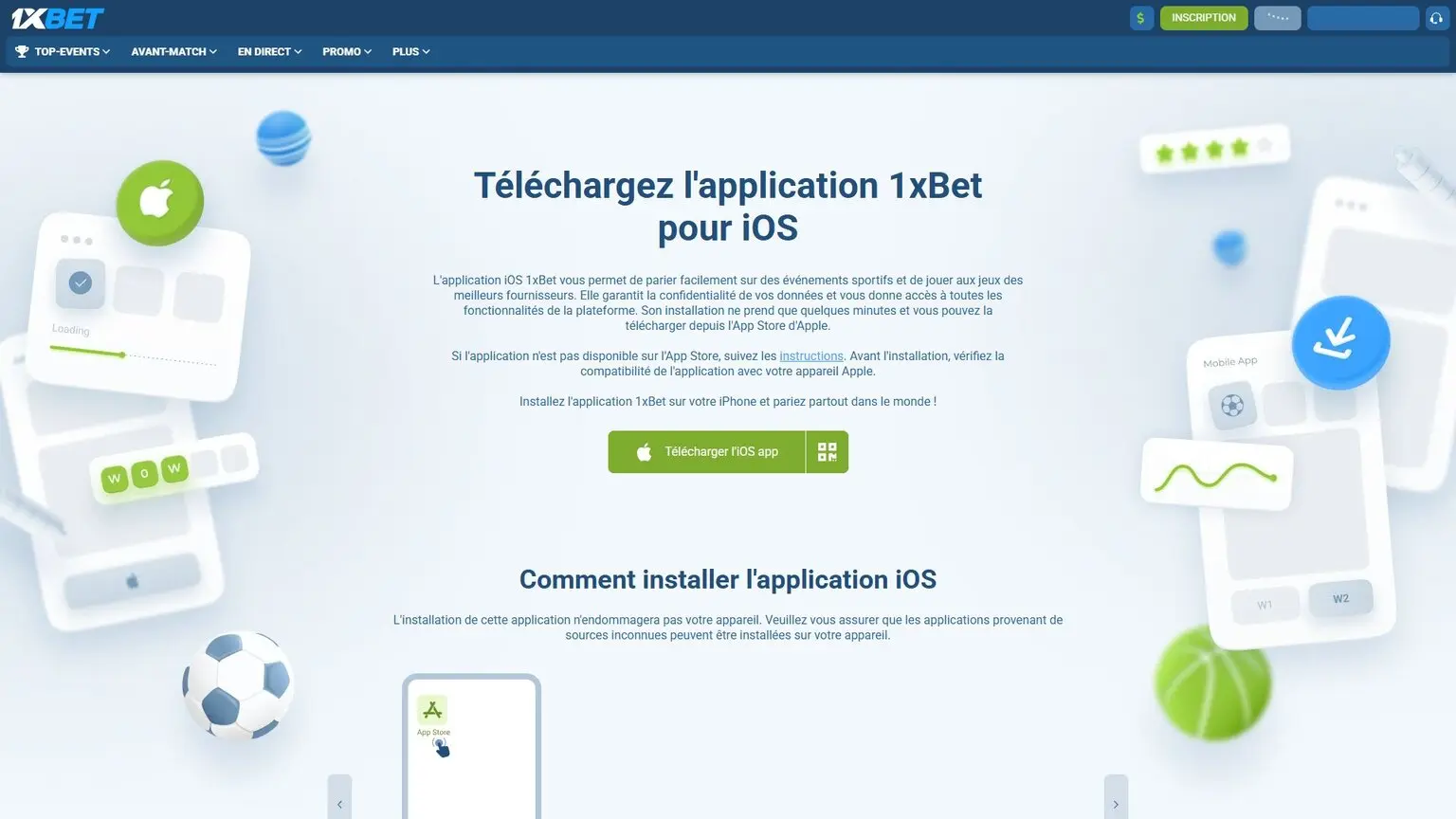 page d'instructions iOS pour télécharger l'application 1xBet