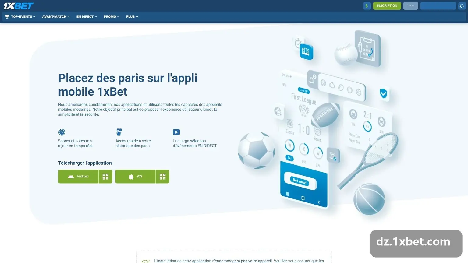 Page de l'application mobile 1xBet en Algérie