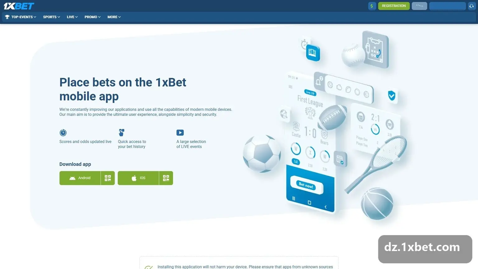 1xBet mobile app page for Algeria