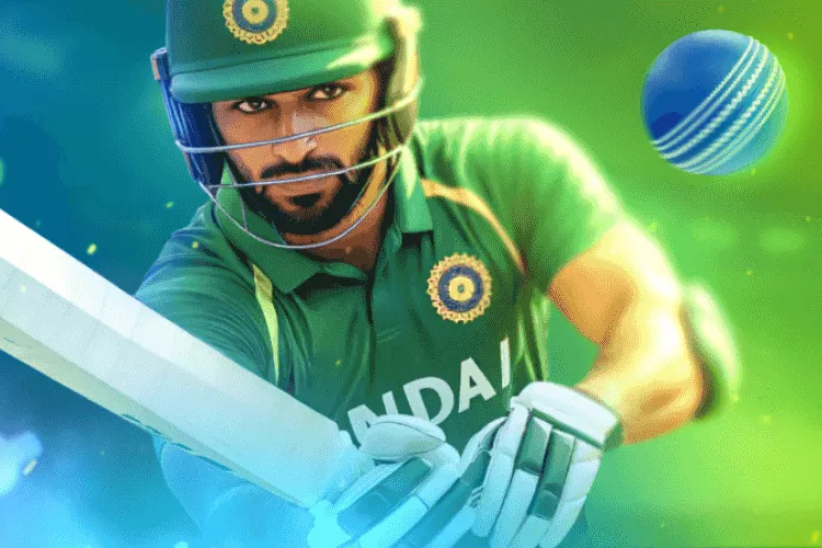 Batteur de cricket en tenue verte face à une balle bleue — Cricket 24. Cyber League 2026