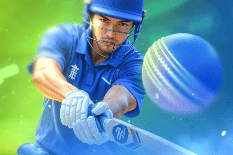 Batteur de cricket en tenue bleue armant son coup — Cricket 24. Cyber League 2026