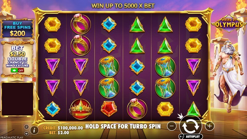 واجهة لعبة Gates of Olympus مع زيوس وكرات المضاعفات