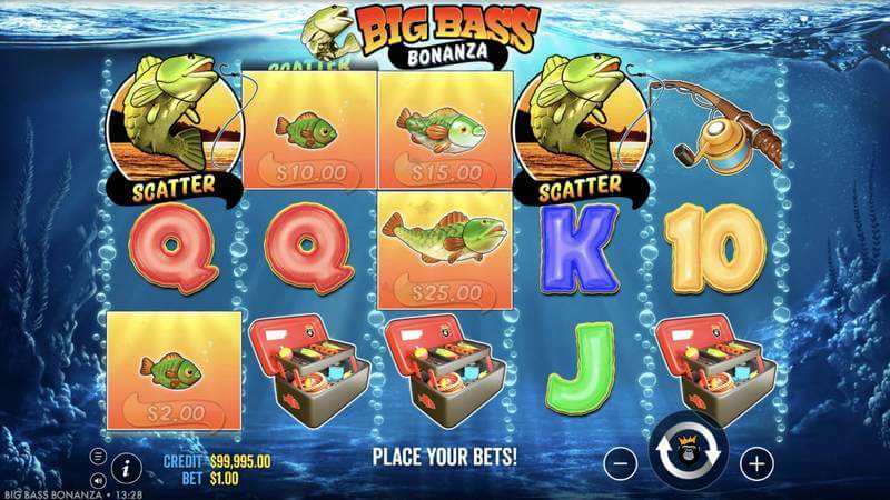 Big Bass Bonanza slot gameplay with fisherman and fish symbols