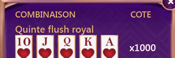 Poker Light : tableau des combinaisons, la quinte flush royale en cœur à x1000