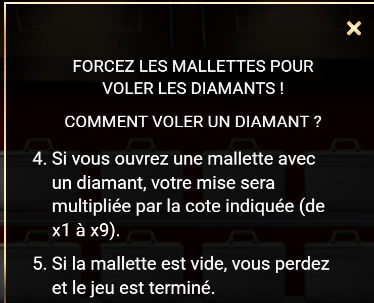 Secret Case: rules window, a briefcase holding a diamond multiplies the stake from x1 to x9