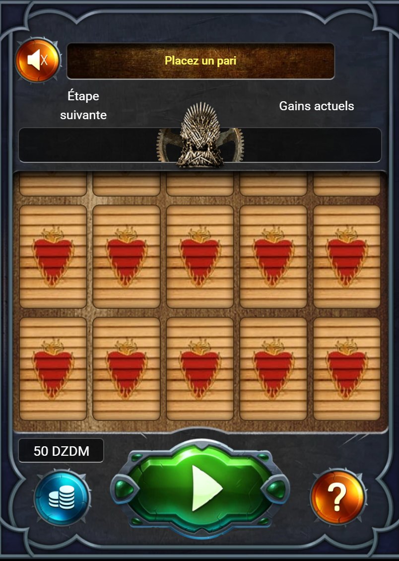 Witch: rows of five red-heart cells, Next step and Current winnings fields, green play button