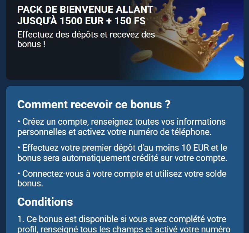Étapes pour recevoir le pack de bienvenue du casino
