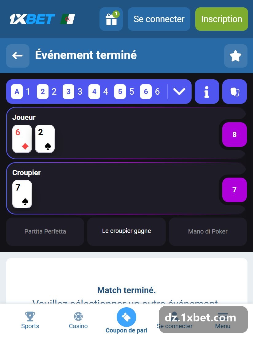 Sette e mezzo 2026 - main terminée avec les cartes du joueur et du croupier