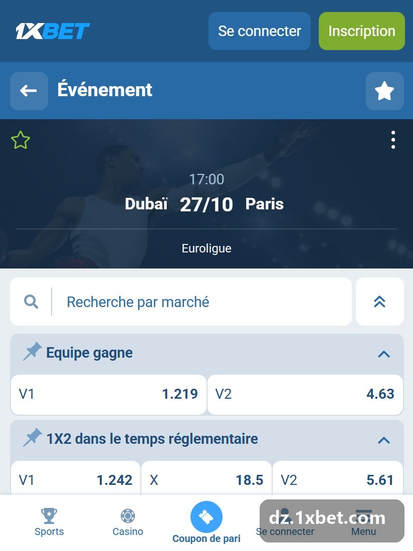 Euroleague: a game page with winner market and regular-time 1X2
