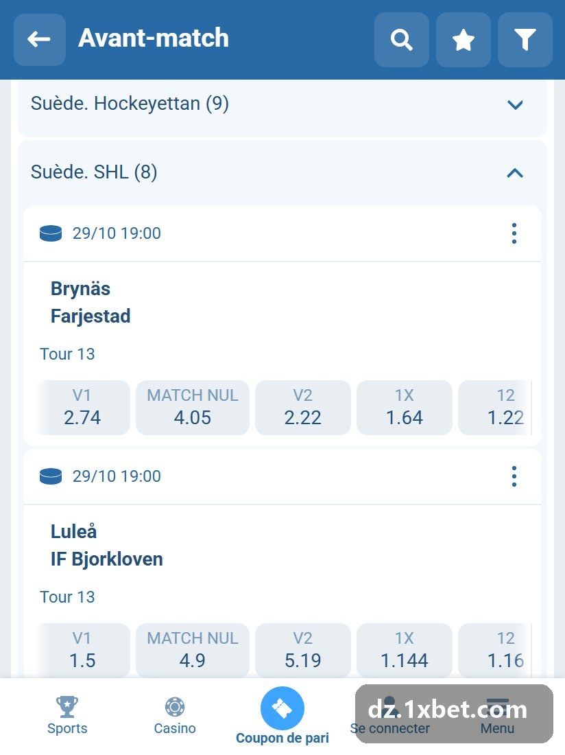Suède. SHL : matchs du hockey suédois dans l'avant-match, par journée