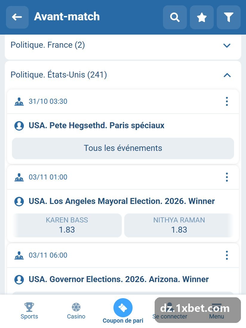 Politics. USA: dated events, some showing candidates and odds in the list