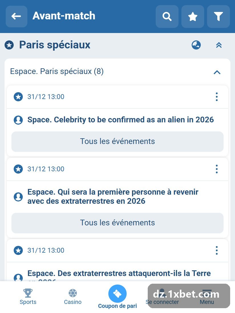 Special bets on a phone: questions listed with date, time and an All events button