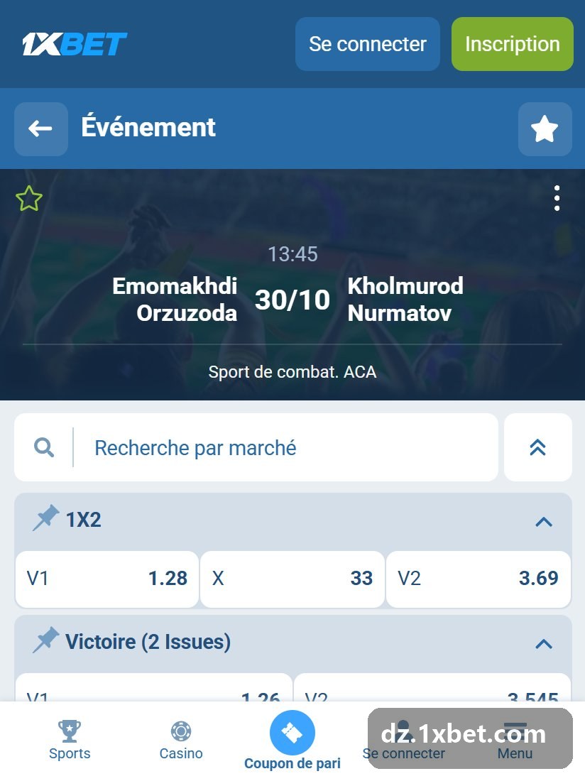 Rafal Haratyk - Andi Vrtacic : en-tête du duel avec l'heure et la date entre les deux noms, puis les blocs 1X2 et Victoire (2 Issues)