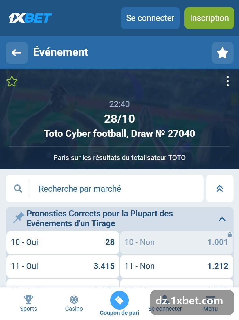 Toto correct score, Draw № 4350 : en-tête du tirage et bloc des pronostics corrects, une ligne Oui et une ligne Non par nombre