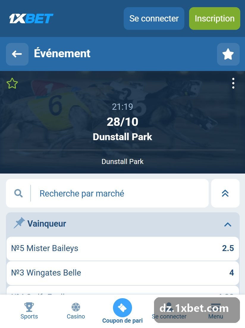 The Gardens : en-tête de la course et bloc Vainqueur, chaque chien avec son numéro et sa cote